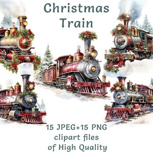 Clipart de tren de vapor de Navidad - 15 locomotora de acuarela PNG/JPEG, arte digital ferroviario festivo para uso comercial, descarga instantánea