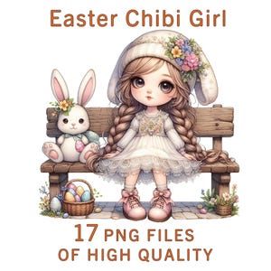 Clipart Fille Chibi de Pâques | 17 stickers PNG animés mignons et lapins kawaii | Esthétique printanière pastel pour sublimation, travaux manuels numériques et impressions