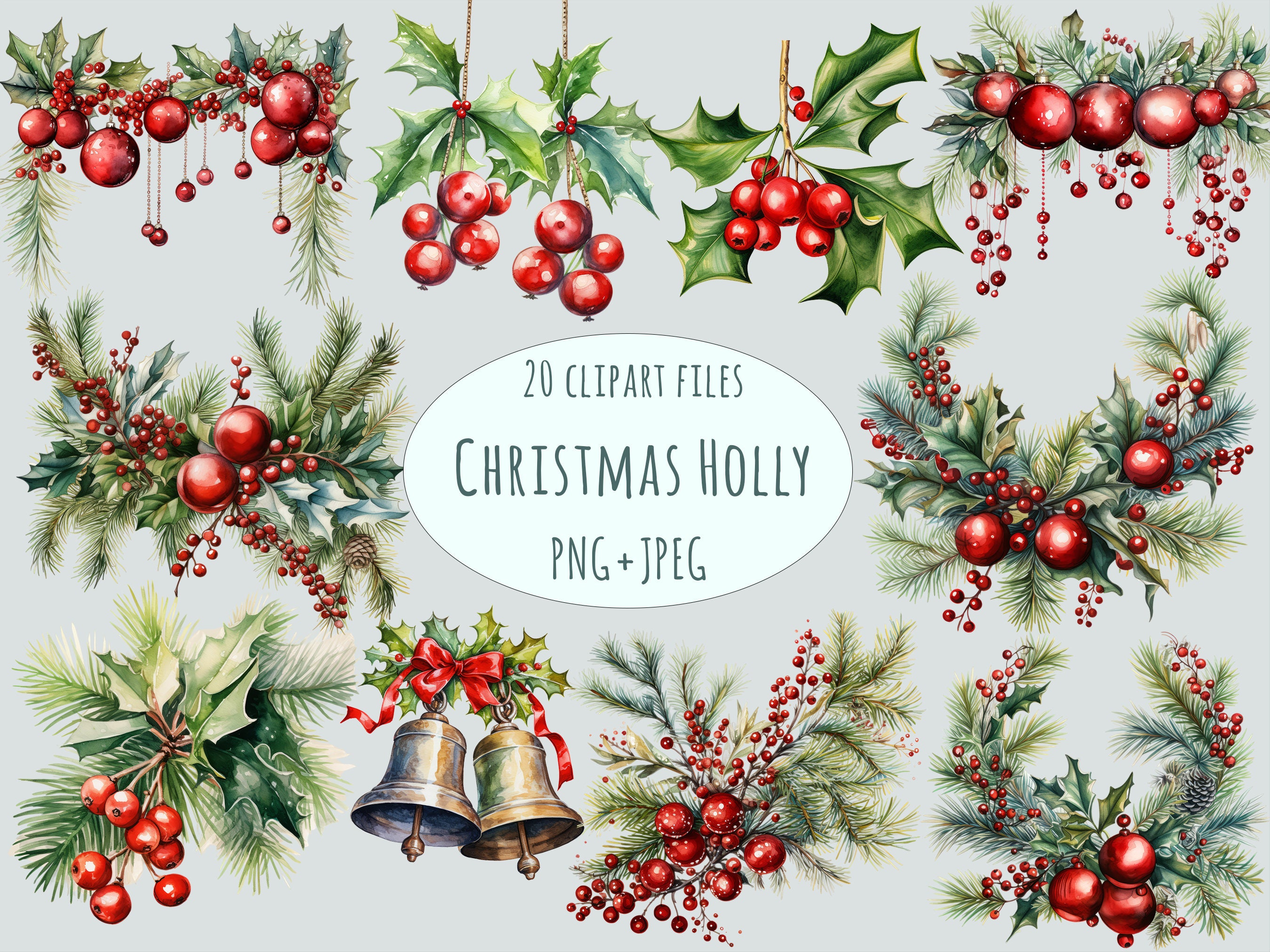 Holly clipart, 20 High quality Watercolor PNG and JPEG, Christmas holly bouquet, Holly berry Stickers, Jingle bells clipart floral wall art