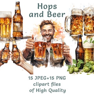Bier Clipart, 15 Aquarell Brauerei Illustrationen, PNG & JPEG, hochwertiges Bierglas und Hopfen Kunst für den kommerziellen Gebrauch, Drink Food Clipart