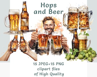 Bier Clipart, 15 Aquarell Brauerei Illustrationen, PNG & JPEG, hochwertiges Bierglas und Hopfen Kunst für den kommerziellen Gebrauch, Drink Food Clipart