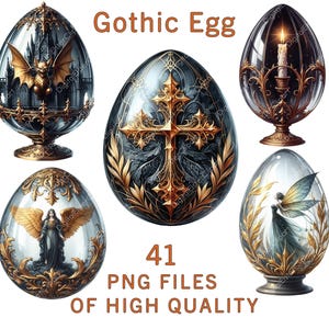 Clipart de huevo gótico / 41 huevos de fantasía oscura PNG y cruces ornamentadas / Sublimación de brujas, arte de la academia oscura, decoración alternativa de Pascua y Halloween