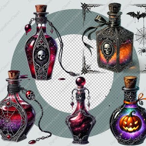 Op de afbeelding: Vijf sierlijke glazen flessen met metalen accenten en kleurrijke vloeistof erin. De flessen hebben een gotische Halloween-thema met ontwerpen van schedels, spinnen en pompoenen.