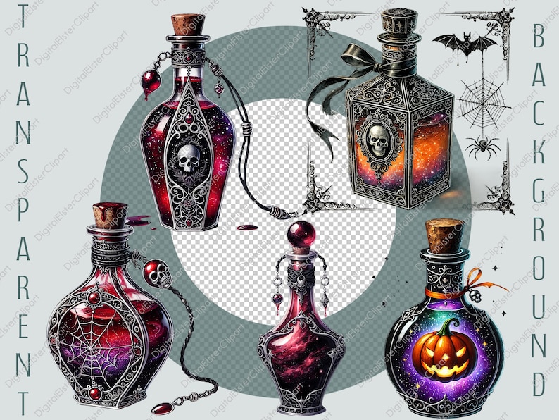 Op de afbeelding: Vijf sierlijke glazen flessen met metalen accenten en kleurrijke vloeistof erin. De flessen hebben een gotische Halloween-thema met ontwerpen van schedels, spinnen en pompoenen.