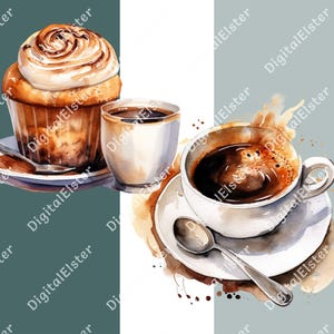 May include: A watercolour painting of a coffee cup and a cupcake. The coffee cup is white with a brown rim and is filled with dark brown coffee. The cupcake is brown with white frosting and is sitting on a white plate. The background is a light blue and white watercolour wash.