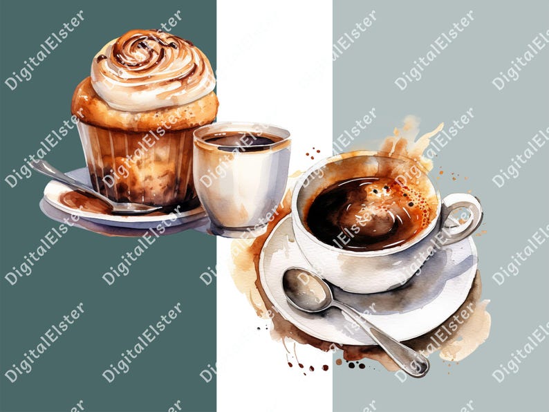May include: A watercolour painting of a coffee cup and a cupcake. The coffee cup is white with a brown rim and is filled with dark brown coffee. The cupcake is brown with white frosting and is sitting on a white plate. The background is a light blue and white watercolour wash.