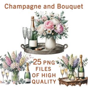 Champagne clipart | 25 PNG Files | Watercolor drink clipart | Commercial Use | Floral Arrangement | Sparkling Wine Clipart | Wedding Bundle