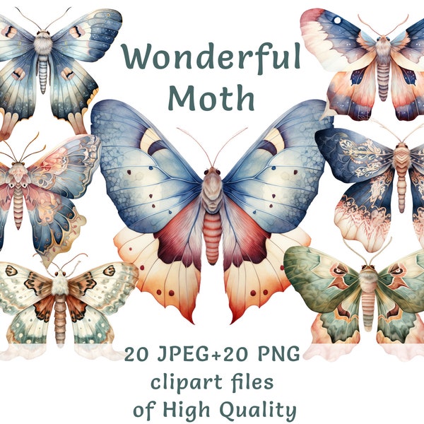 Moth and Butterfly Watercolor Clipart, 20 PNG/JPEG Files for Commercial Use, Detailed Insect Digital Art, Instant Download Pastel Printables