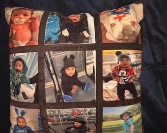May include: A multi-photo pillow featuring a collage of nine images of a baby in different poses and outfits. The pillow is made of a soft, comfortable fabric and is perfect for adding a personal touch to any room.