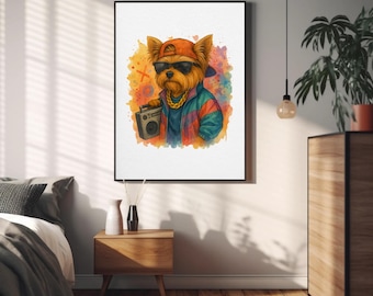 90s Hip Hop Yorkshire Terrier Art Print: Retro Dog Lover Gift (Digital Download)