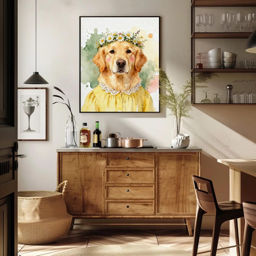 Golden Retriever Watercolor Art Print, Cottagecore Dog Portrait ...