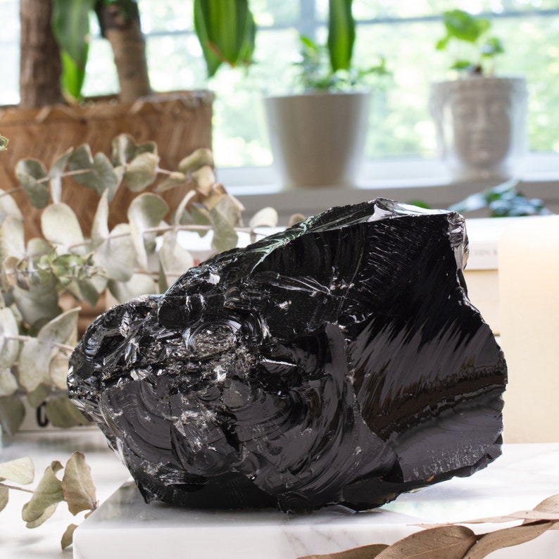 Black obsidian crystal takes the spotlight on a sleek marble backdrop adorned with dried flowers and lush plants, creating a captivating contrast between the crystal's intensity and the soothing beauty of nature.