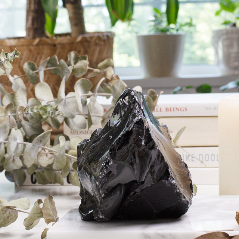 Black obsidian crystal takes the spotlight on a sleek marble backdrop adorned with dried flowers and lush plants, creating a captivating contrast between the crystal's intensity and the soothing beauty of nature.