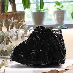 Black obsidian crystal takes the spotlight on a sleek marble backdrop adorned with dried flowers and lush plants, creating a captivating contrast between the crystal's intensity and the soothing beauty of nature.