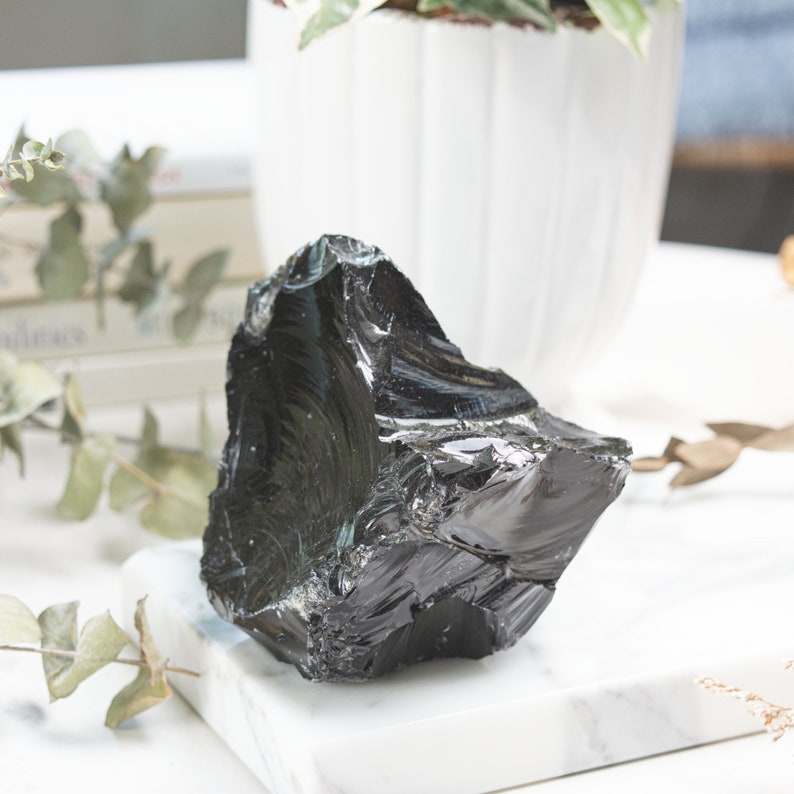 Black obsidian crystal takes the spotlight on a sleek marble backdrop adorned with dried flowers and lush plants, creating a captivating contrast between the crystal's intensity and the soothing beauty of nature.