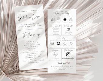 May include: Two wedding ceremony programs with black text on white paper. The left program lists the ceremony order, while the right program details the day's schedule, including the wedding party and timeline.