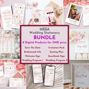 May include: A selection of wedding stationery, featuring invitations, save-the-date cards, and welcome signs. The designs incorporate floral elements and stylish typography. The bundle offers digital products for a coordinated wedding theme.