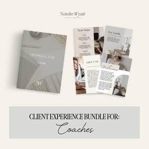 May include: A client experience bundle for coaches, featuring a proposal, welcome, about me, and next steps pages. The pages are designed in a minimalist style with a neutral color palette.
