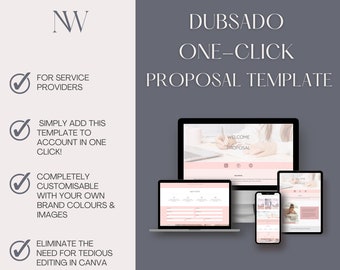 May include: A pink and white laptop, tablet, and phone displaying a website with the text "Welcome Proposal" and the words "Dubsado One-Click Proposal Template". The image also includes a checklist with the text "For Service Providers", "Simply add this template to account in one click!", "Completely customisable with your own brand colours & images", and "Eliminate the need for tedious editing in Canva".