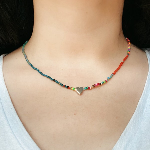 Colorful Beaded Bohemian Necklace • Silver Love Charm • Rainbow Toddler Necklace • Multicolored Summer Necklace • For Kids • Gift for Her