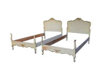 Vintage Gold Accented Cream French Provincial Twin Bed Frames - a Pair