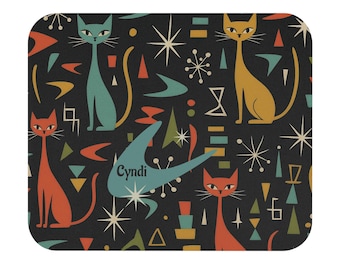 Midcentury Atomic Cats Mouse Pad | Personalized Cat Lover Desk Mat