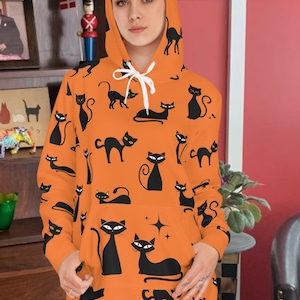 Vintage Black Cats orange Women&#39;s Hoodie Dress (AOP)