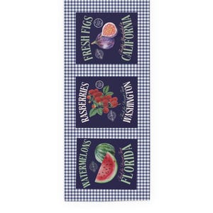 May include: A rectangular fabric with a blue and white gingham pattern. Three navy blue rectangles display illustrations of figs, raspberries, and watermelon slices. Text includes "Fresh Figs California", "Rasberries Washington", and "Watermelons Florida".