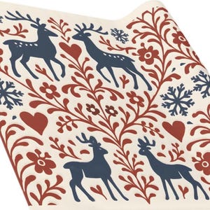 May include: A cream-colored fabric featuring a repeating pattern of dark blue deer silhouettes, red hearts, red floral vine motifs, and dark blue snowflakes. The design is arranged in a symmetrical, flowing layout across the entire surface.