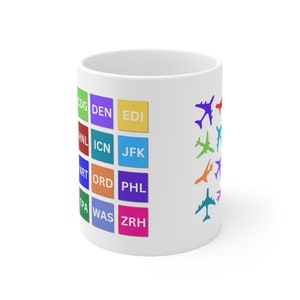 Ceramic Mug 11oz with colorful boxes with 20 popular airport codes for the travel enthusiast!