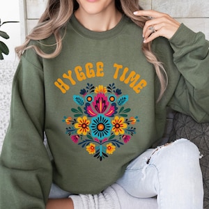 Hygge Time Crewneck Sweatshirt: Colorful Floral Design
