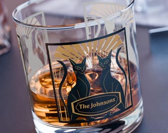 Art Deco Black Cats Rocks Glass | Personalized 10oz Whiskey Tumbler