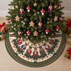 May include: A round Christmas tree skirt featuring a cream-colored center and a wide dark green border. The design includes repeating illustrations of nutcracker figures, red and white mushrooms, holly sprigs, and small stars in a circular pattern.