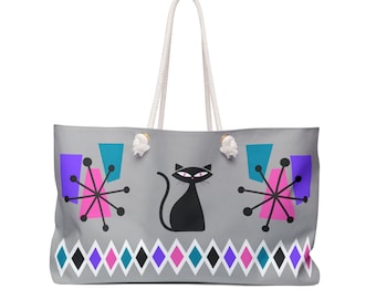 Weekender Bag in light grey - With fun Mid-Century modern design and black cat!