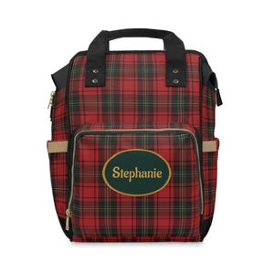 Personalized Red Green Plaid Diaper Backpack: 100% Nylon Baby Bag
