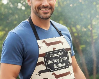 Personalized Champion Hot Dog Griller Apron, Dachshund Graphic Cooking Accessory