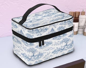 Pastoral Blue Toile Makeup Travel Bag, Prescription Travel Pouch, Essentials Carrier