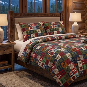 Patchwork Quilt Pattern Cotton Bed Set | Rustic Country Cabin Bedding