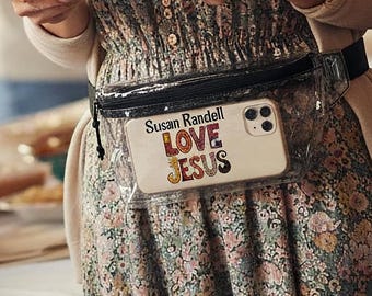 Riñonera transparente Love Jesus, aprobada para estadios, ideal para conciertos, accesorio cristiano personalizado.
