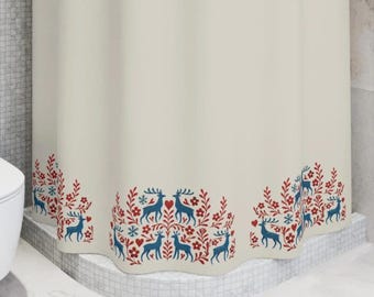 Nordic Folk Art Shower Curtain | Scandinavian Pattern, Minimal Rustic Bathroom Decor