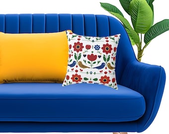 Scandi Folk Art Pillow: Nordic Floral Bird Throw Cushion