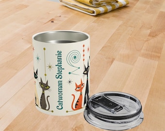 Mid Century Atomic Cats Tumbler 10oz, Cat Lover Drinkware