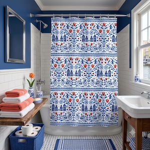 May include: A shower curtain featuring a repeating pattern of red tulips, blue windmills, blue canal houses, and blue bicycles on a white background. The design is arranged in horizontal bands with decorative borders, creating a folk-art style motif.