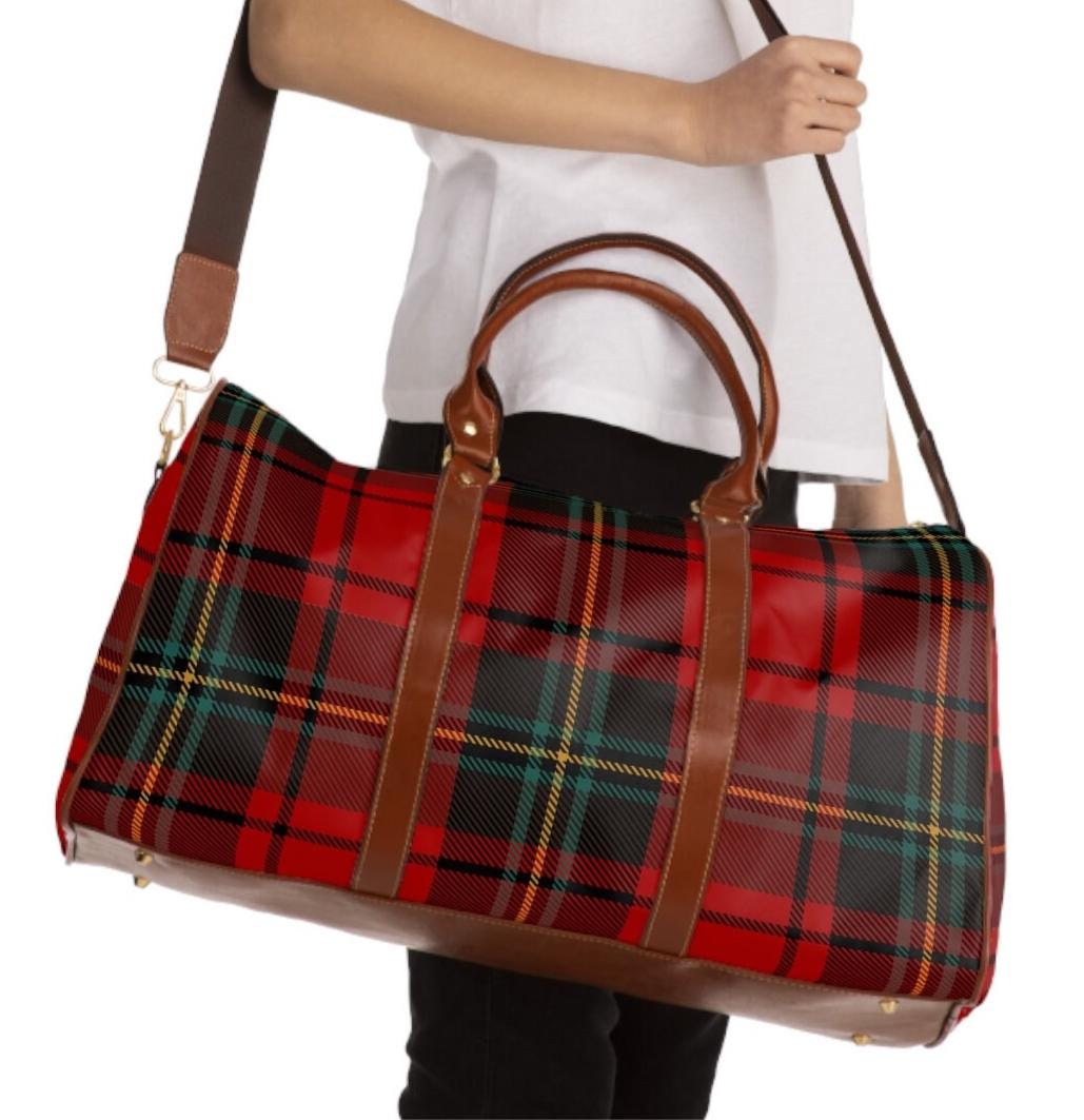 Waterproof Plaid Weekender Bag, Tartan Travel Duffel, PU Leather