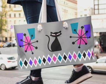 Midcentury Cat Weekender Bag: Retro Travel Tote