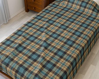 Tartan Velveteen Plush Blanket | Cozy Sage Brown Plaid Throw