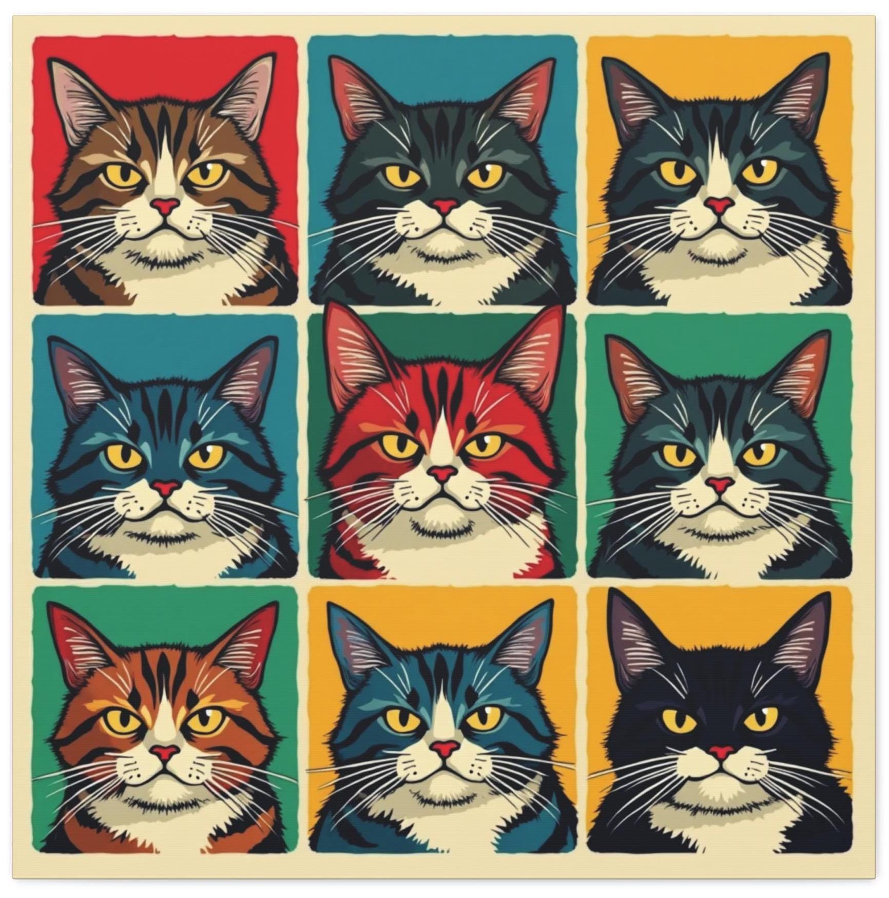 ストライプ柄の猫アートプリント カラフルな猫のキャンバスラップ：グラフィック猫アートプリント