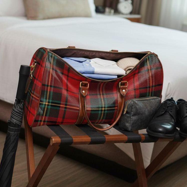 Waterproof Plaid Weekender Bag, Tartan Travel Duffel, PU Leather