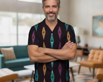 Mid Century Vintage Men's Shirt, Retro Men's Cuban Collar Short Sleeve Shirt
