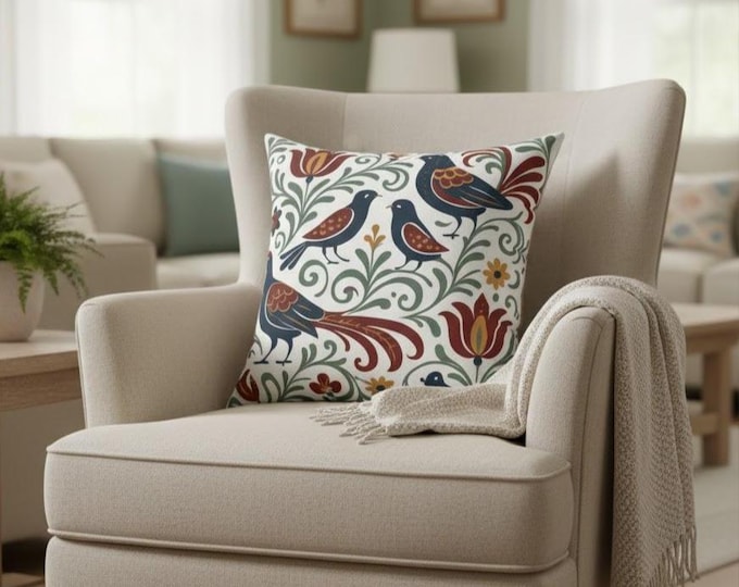 Scandinavian Pheasants Pillow: Folk Art Throw Cushion